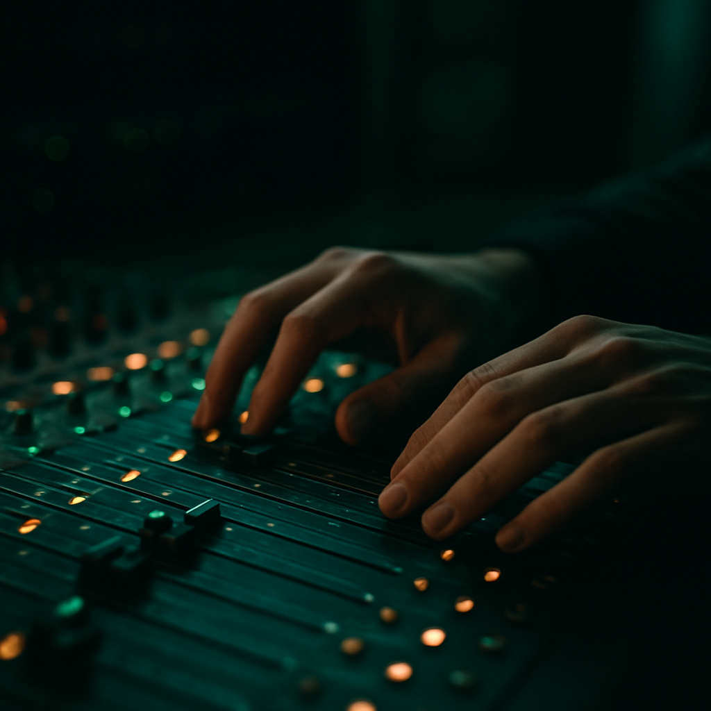Producer's hands on an audio mixing console